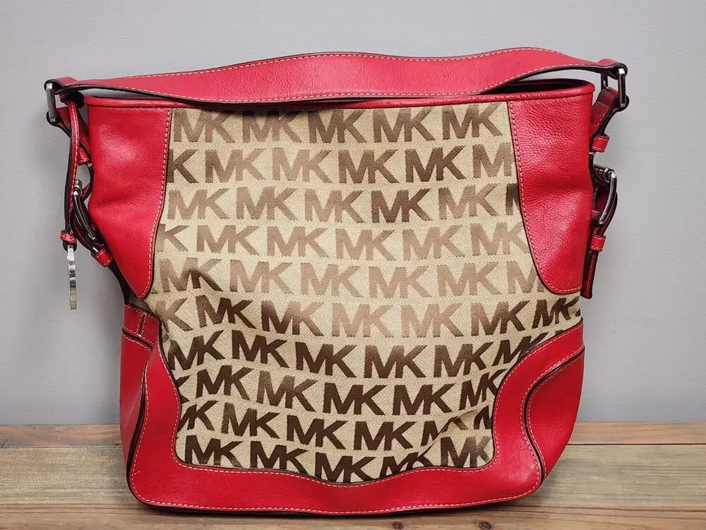 Preowned Michael Kors Brookville Burgundy And Beige Large Shoulder Bag Purse